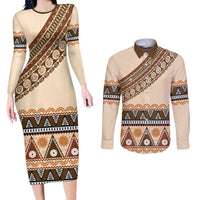 Bula Fiji Couples Matching Long Sleeve Bodycon Dress and Long Sleeve Button Shirt 2025 Pasifika Traditional Fijian Masi LT14 Beige - Polynesian Pride