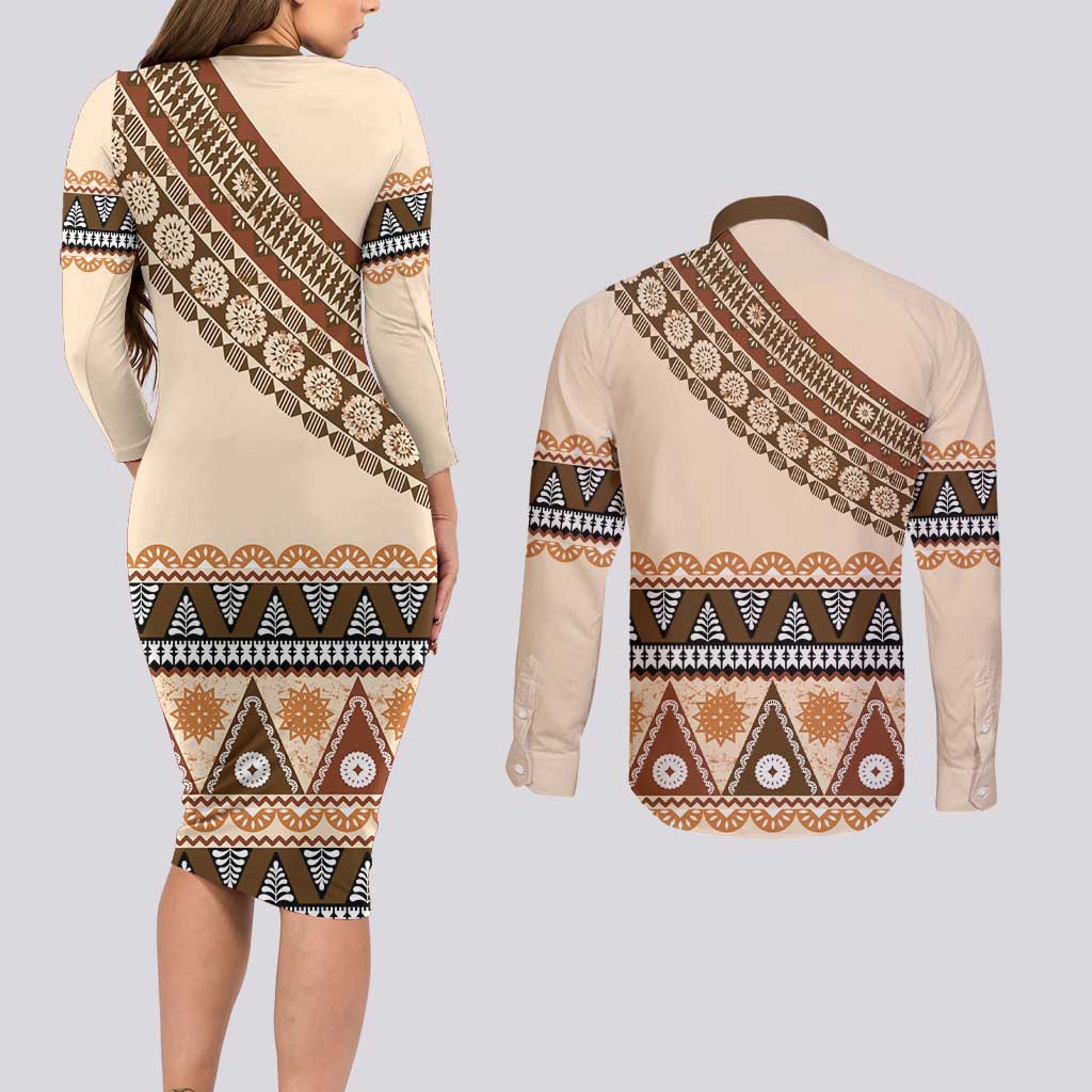 Bula Fiji Couples Matching Long Sleeve Bodycon Dress and Long Sleeve Button Shirt 2025 Pasifika Traditional Fijian Masi LT14 - Polynesian Pride