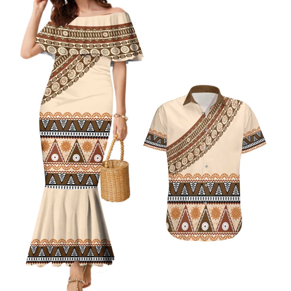 Bula Fiji Couples Matching Mermaid Dress and Hawaiian Shirt 2025 Pasifika Traditional Fijian Masi LT14 Beige - Polynesian Pride