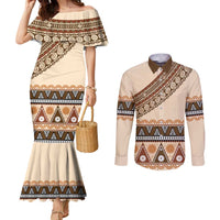 Bula Fiji Couples Matching Mermaid Dress and Long Sleeve Button Shirt 2025 Pasifika Traditional Fijian Masi LT14 Beige - Polynesian Pride