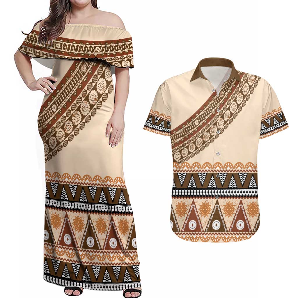 Bula Fiji Couples Matching Off Shoulder Maxi Dress and Hawaiian Shirt 2025 Pasifika Traditional Fijian Masi LT14 Beige - Polynesian Pride