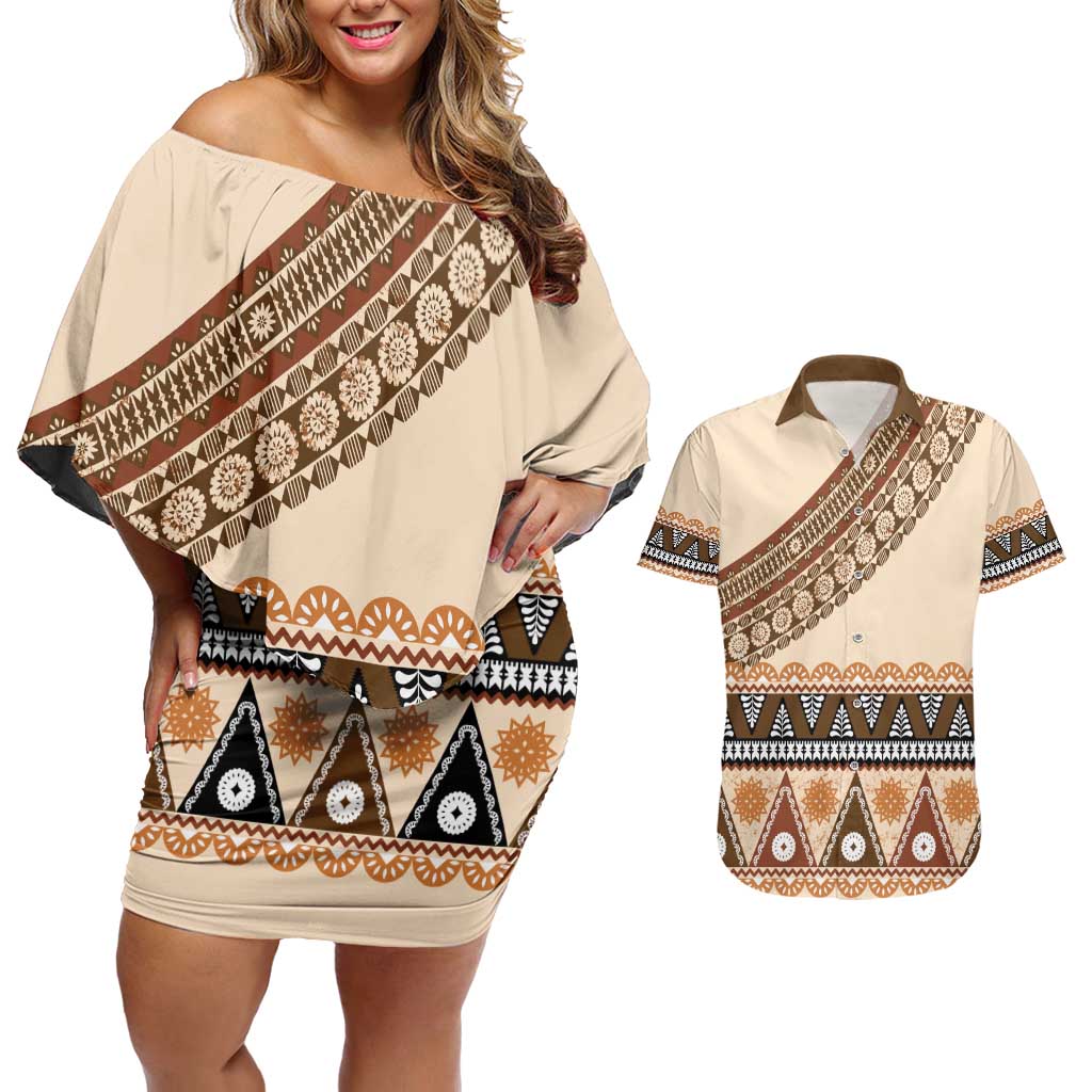 Bula Fiji Couples Matching Off Shoulder Short Dress and Hawaiian Shirt 2025 Pasifika Traditional Fijian Masi LT14 Beige - Polynesian Pride