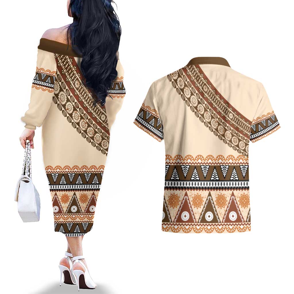 Bula Fiji Couples Matching Off The Shoulder Long Sleeve Dress and Hawaiian Shirt 2025 Pasifika Traditional Fijian Masi LT14 - Polynesian Pride