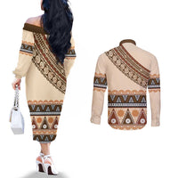 Bula Fiji Couples Matching Off The Shoulder Long Sleeve Dress and Long Sleeve Button Shirt 2025 Pasifika Traditional Fijian Masi LT14 - Polynesian Pride
