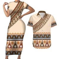 Bula Fiji Couples Matching Short Sleeve Bodycon Dress and Hawaiian Shirt 2025 Pasifika Traditional Fijian Masi LT14 Beige - Polynesian Pride
