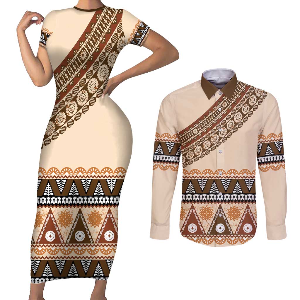Bula Fiji Couples Matching Short Sleeve Bodycon Dress and Long Sleeve Button Shirt 2025 Pasifika Traditional Fijian Masi LT14 Beige - Polynesian Pride