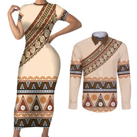 Bula Fiji Couples Matching Short Sleeve Bodycon Dress and Long Sleeve Button Shirt 2025 Pasifika Traditional Fijian Masi LT14 Beige - Polynesian Pride