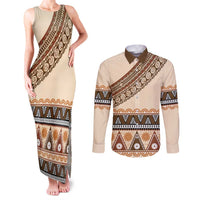 Bula Fiji Couples Matching Tank Maxi Dress and Long Sleeve Button Shirt 2025 Pasifika Traditional Fijian Masi LT14 Beige - Polynesian Pride