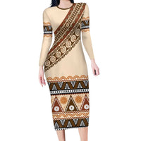 Bula Fiji Family Matching Long Sleeve Bodycon Dress and Hawaiian Shirt 2025 Pasifika Traditional Fijian Masi LT14 Mom's Dress Beige - Polynesian Pride