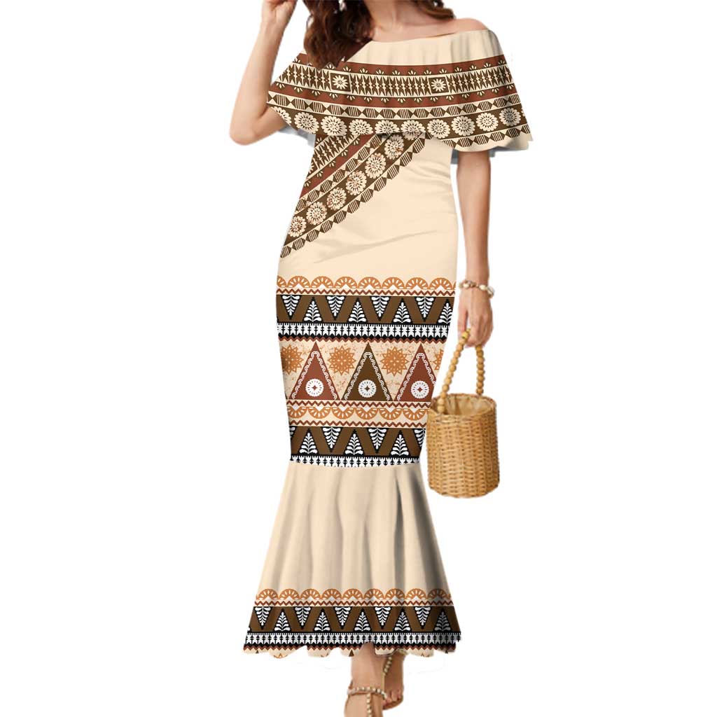 Bula Fiji Family Matching Mermaid Dress and Hawaiian Shirt 2025 Pasifika Traditional Fijian Masi LT14 Mom's Dress Beige - Polynesian Pride