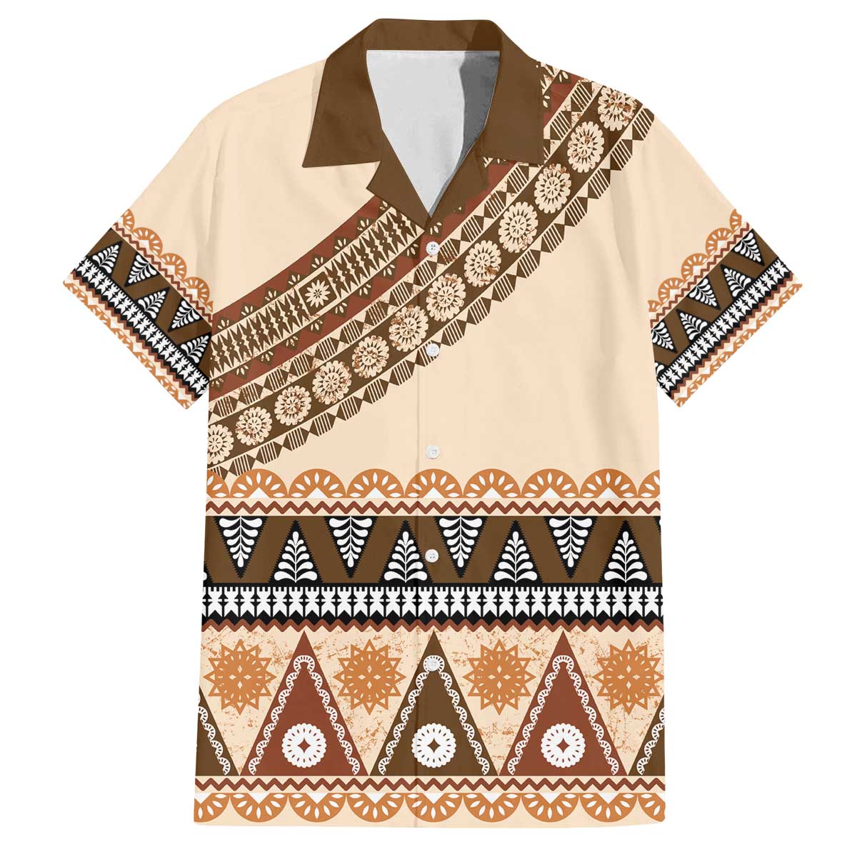 Bula Fiji Family Matching Off The Shoulder Long Sleeve Dress and Hawaiian Shirt 2025 Pasifika Traditional Fijian Masi LT14 Dad's Shirt - Short Sleeve Beige - Polynesian Pride