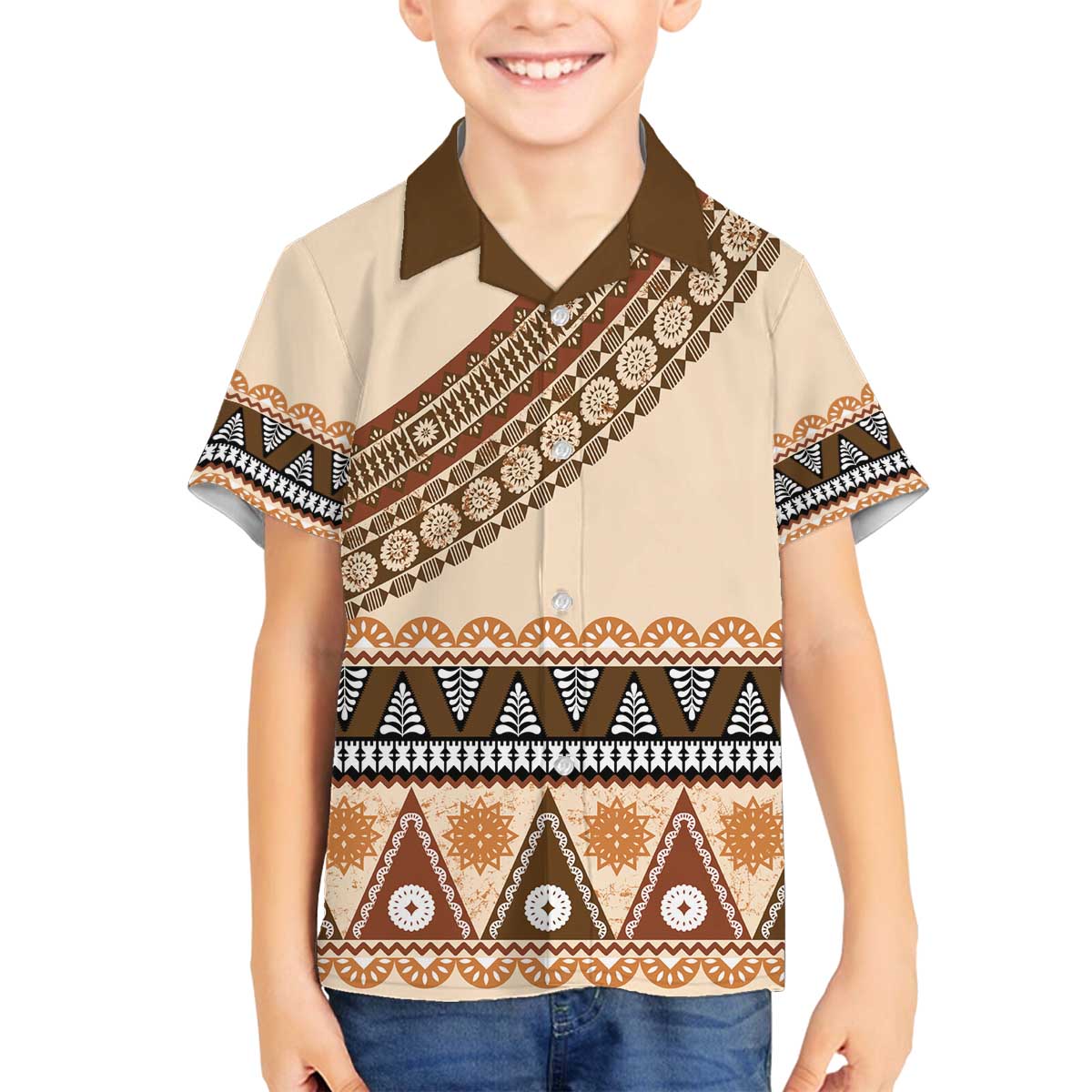 Bula Fiji Family Matching Off The Shoulder Long Sleeve Dress and Hawaiian Shirt 2025 Pasifika Traditional Fijian Masi LT14 Son's Shirt Beige - Polynesian Pride