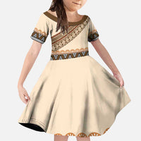 Bula Fiji Family Matching Off Shoulder Maxi Dress and Hawaiian Shirt 2025 Pasifika Traditional Fijian Masi LT14 Daughter's Dress Beige - Polynesian Pride