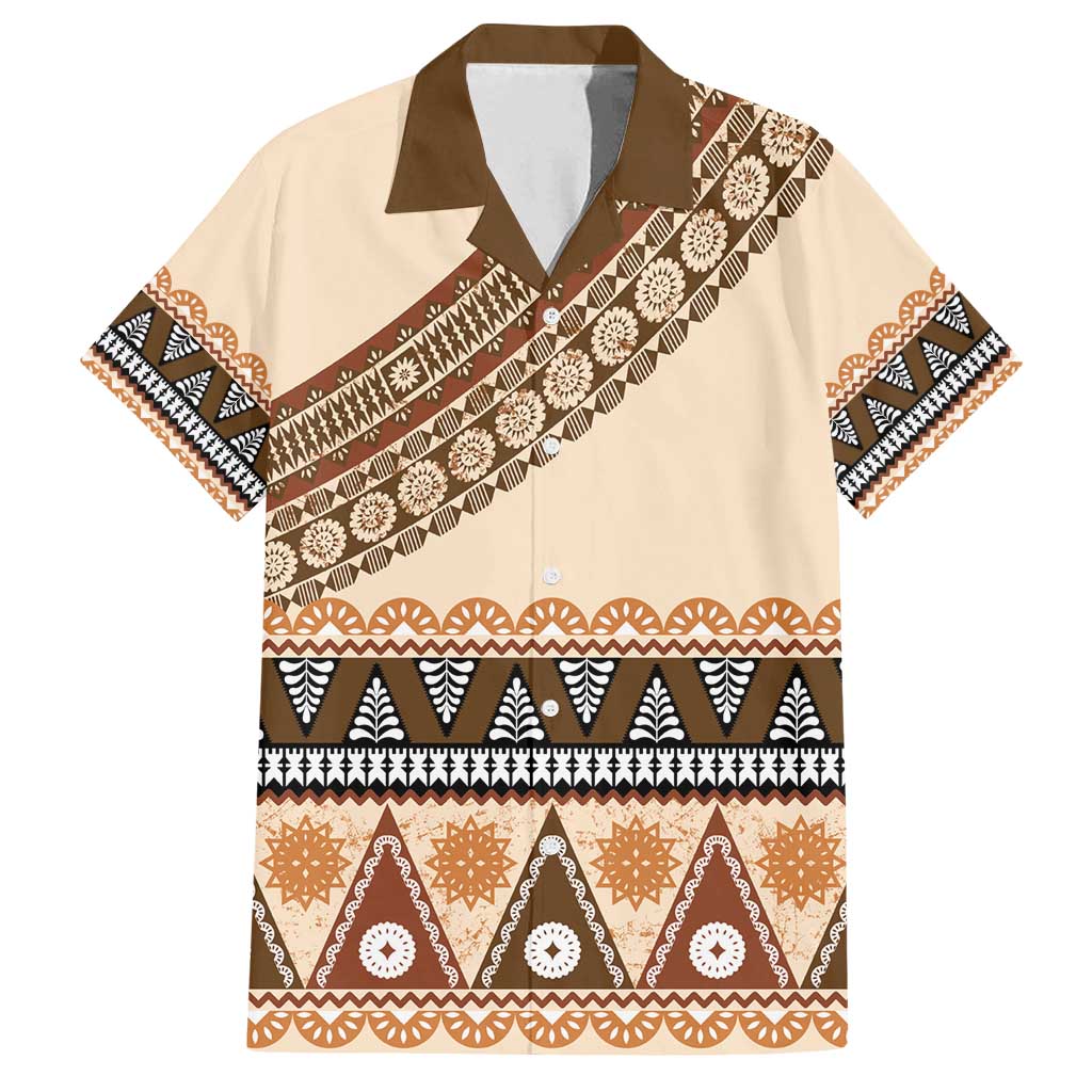 Bula Fiji Family Matching Off Shoulder Short Dress and Hawaiian Shirt 2025 Pasifika Traditional Fijian Masi LT14 Dad's Shirt - Short Sleeve Beige - Polynesian Pride