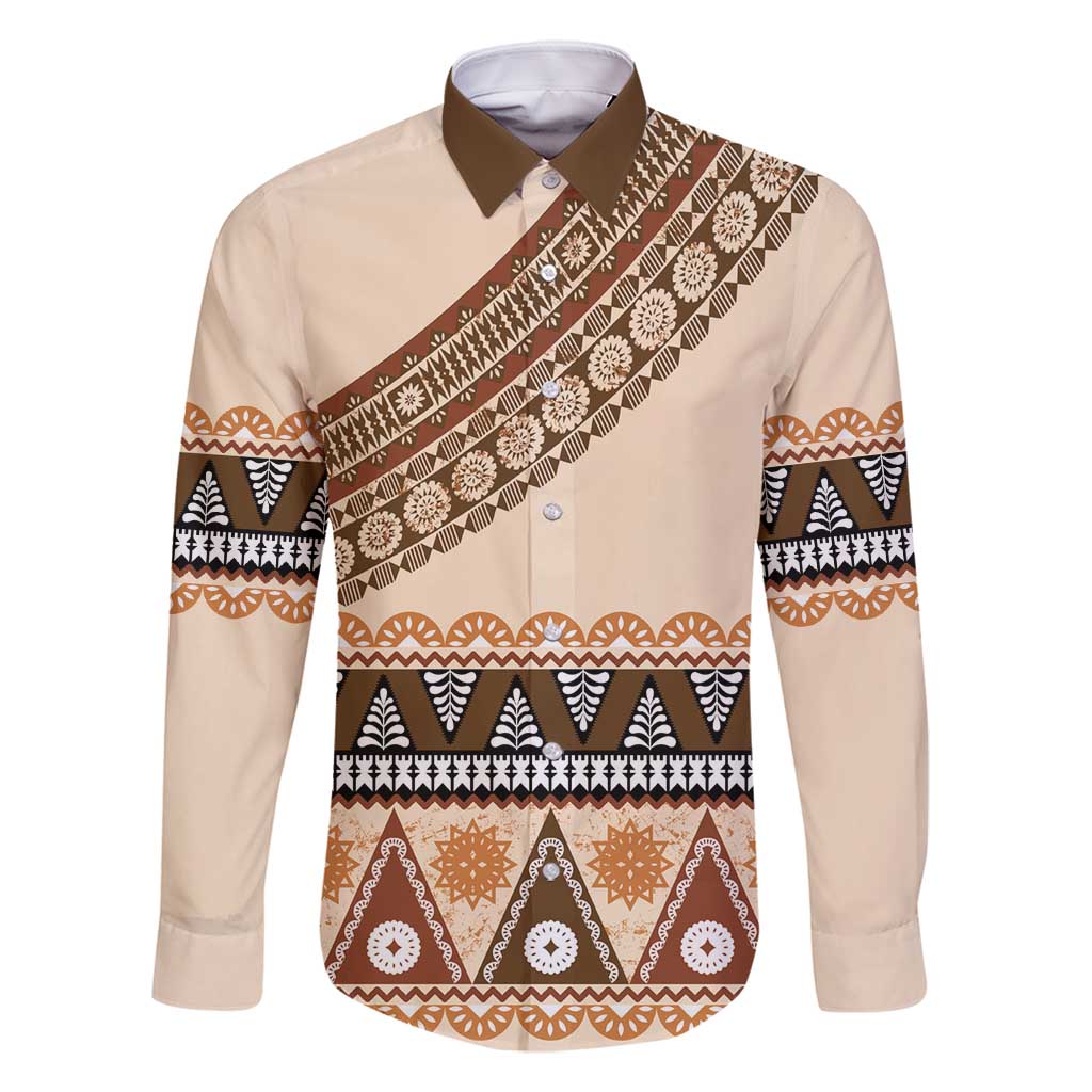 Bula Fiji Family Matching Off Shoulder Short Dress and Hawaiian Shirt 2025 Pasifika Traditional Fijian Masi LT14 Dad's Shirt - Long Sleeve Beige - Polynesian Pride