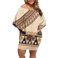 Bula Fiji Family Matching Off Shoulder Short Dress and Hawaiian Shirt 2025 Pasifika Traditional Fijian Masi LT14 Mom's Dress Beige - Polynesian Pride