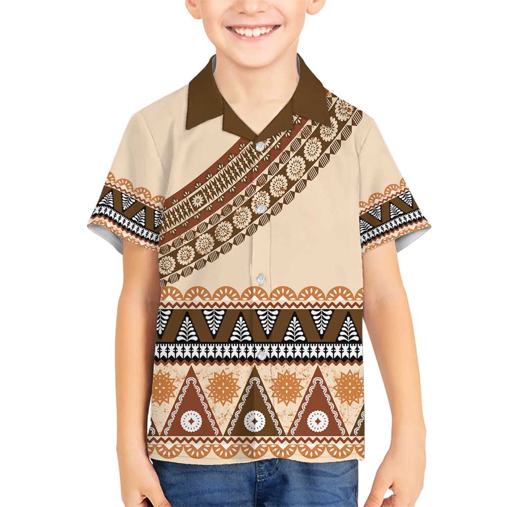 Bula Fiji Family Matching Off Shoulder Short Dress and Hawaiian Shirt 2025 Pasifika Traditional Fijian Masi LT14 Son's Shirt Beige - Polynesian Pride