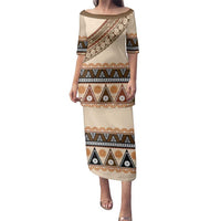Bula Fiji Family Matching Puletasi and Hawaiian Shirt 2025 Pasifika Traditional Fijian Masi LT14 Mom's Dress Beige - Polynesian Pride