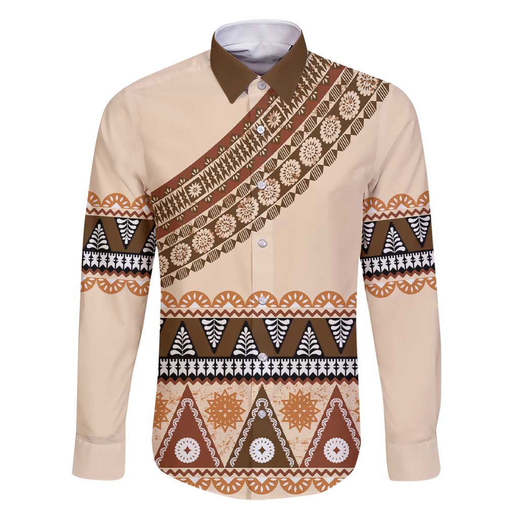 Bula Fiji Family Matching Short Sleeve Bodycon Dress and Hawaiian Shirt 2025 Pasifika Traditional Fijian Masi LT14 Dad's Shirt - Long Sleeve Beige - Polynesian Pride