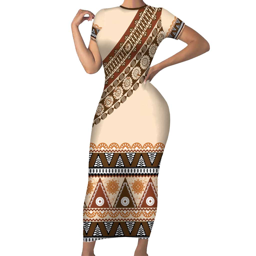 Bula Fiji Family Matching Short Sleeve Bodycon Dress and Hawaiian Shirt 2025 Pasifika Traditional Fijian Masi LT14 Mom's Dress Beige - Polynesian Pride