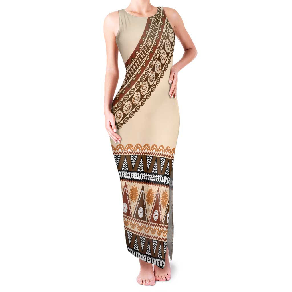 Bula Fiji Family Matching Tank Maxi Dress and Hawaiian Shirt 2025 Pasifika Traditional Fijian Masi LT14 Mom's Dress Beige - Polynesian Pride