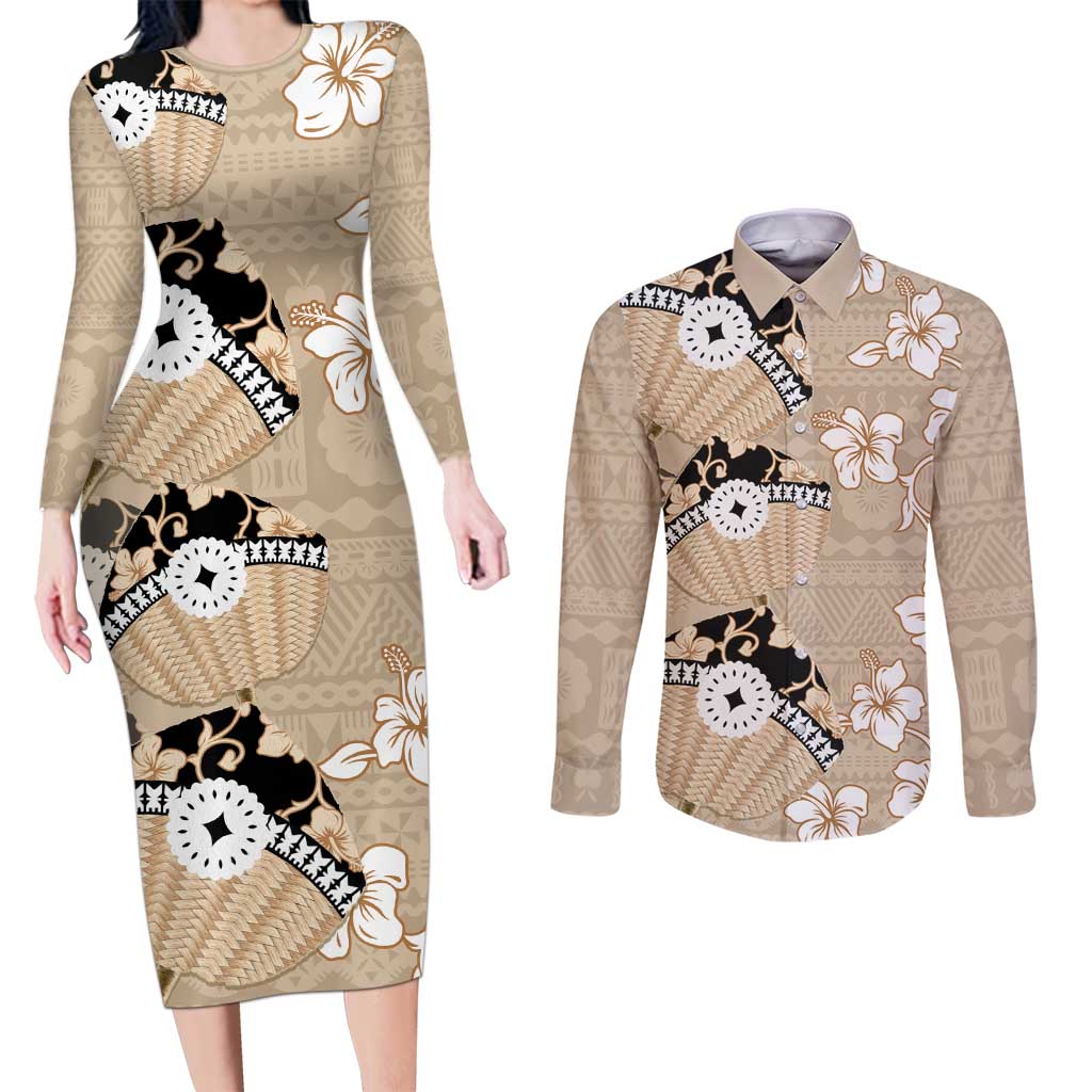 Bula Fiji Iri Buli Couples Matching Long Sleeve Bodycon Dress and Long Sleeve Button Shirt Woven Fan With Fijian Tapa LT14 Beige - Polynesian Pride