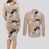 Bula Fiji Iri Buli Couples Matching Long Sleeve Bodycon Dress and Long Sleeve Button Shirt Woven Fan With Fijian Tapa LT14 - Polynesian Pride