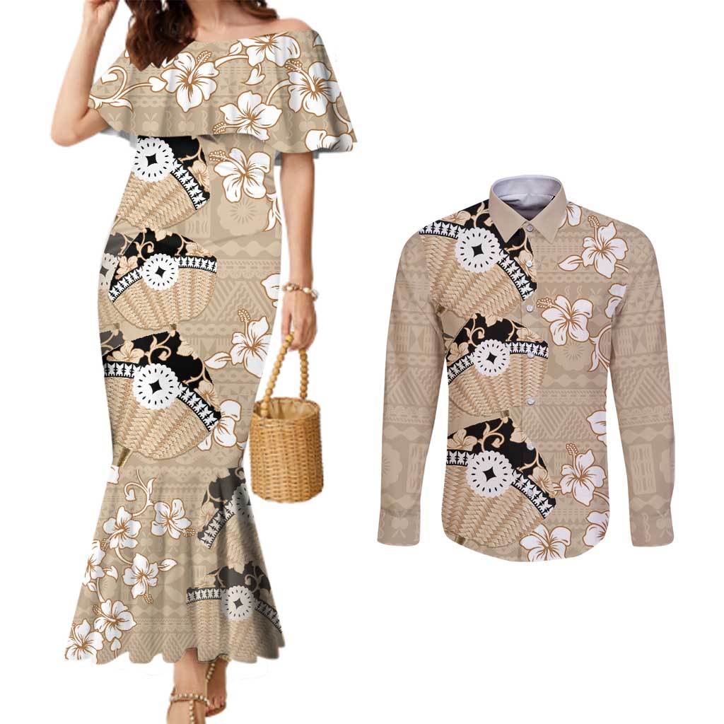 Bula Fiji Iri Buli Couples Matching Mermaid Dress and Long Sleeve Button Shirt Woven Fan With Fijian Tapa LT14 Beige - Polynesian Pride