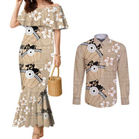 Bula Fiji Iri Buli Couples Matching Mermaid Dress and Long Sleeve Button Shirt Woven Fan With Fijian Tapa LT14 Beige - Polynesian Pride