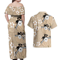 Bula Fiji Iri Buli Couples Matching Off Shoulder Maxi Dress and Hawaiian Shirt Woven Fan With Fijian Tapa LT14 - Polynesian Pride