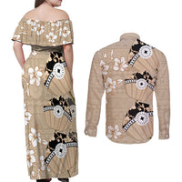 Bula Fiji Iri Buli Couples Matching Off Shoulder Maxi Dress and Long Sleeve Button Shirt Woven Fan With Fijian Tapa LT14 - Polynesian Pride