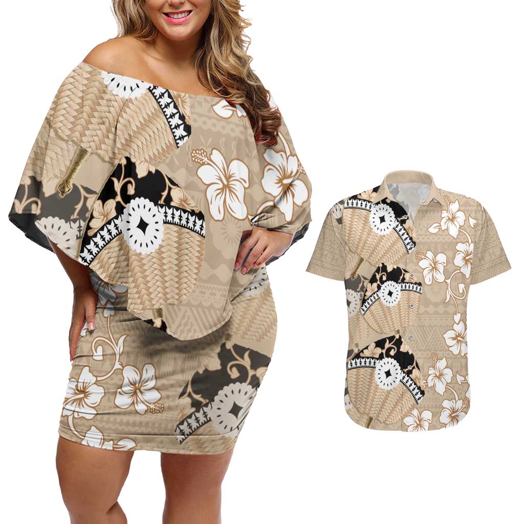 Bula Fiji Iri Buli Couples Matching Off Shoulder Short Dress and Hawaiian Shirt Woven Fan With Fijian Tapa LT14 Beige - Polynesian Pride