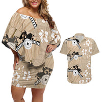 Bula Fiji Iri Buli Couples Matching Off Shoulder Short Dress and Hawaiian Shirt Woven Fan With Fijian Tapa LT14 Beige - Polynesian Pride