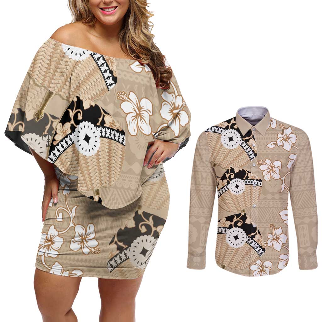 Bula Fiji Iri Buli Couples Matching Off Shoulder Short Dress and Long Sleeve Button Shirt Woven Fan With Fijian Tapa LT14 Beige - Polynesian Pride