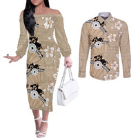 Bula Fiji Iri Buli Couples Matching Off The Shoulder Long Sleeve Dress and Long Sleeve Button Shirt Woven Fan With Fijian Tapa LT14 Beige - Polynesian Pride