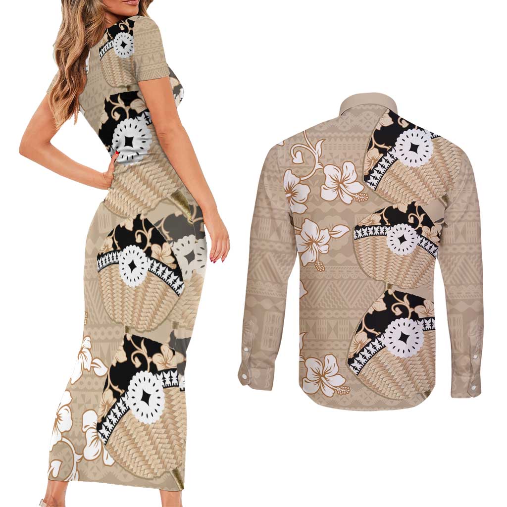Bula Fiji Iri Buli Couples Matching Short Sleeve Bodycon Dress and Long Sleeve Button Shirt Woven Fan With Fijian Tapa LT14 - Polynesian Pride