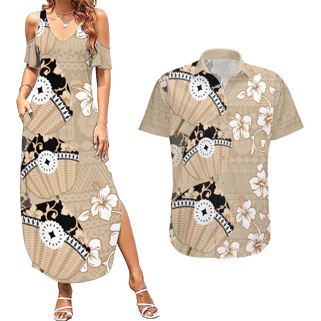 Bula Fiji Iri Buli Couples Matching Summer Maxi Dress and Hawaiian Shirt Woven Fan With Fijian Tapa LT14 Beige - Polynesian Pride