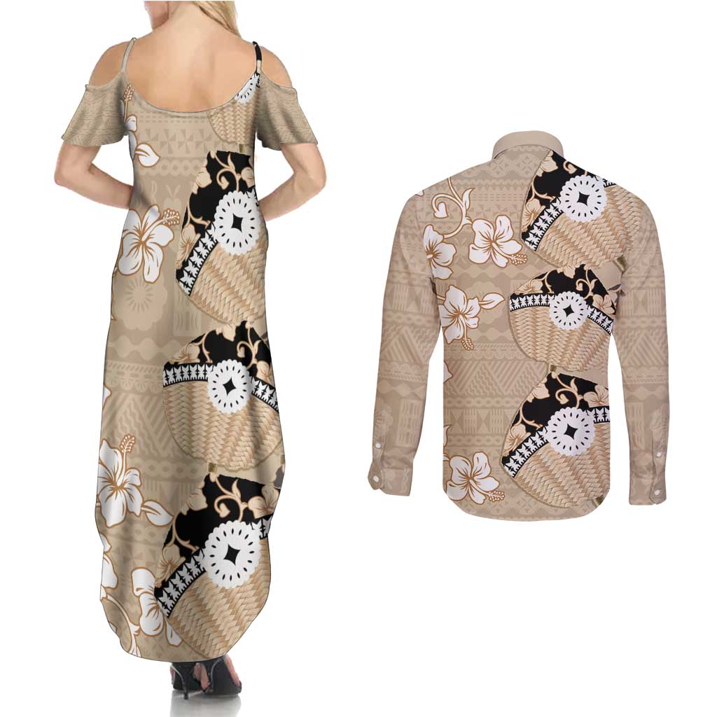 Bula Fiji Iri Buli Couples Matching Summer Maxi Dress and Long Sleeve Button Shirt Woven Fan With Fijian Tapa LT14 - Polynesian Pride
