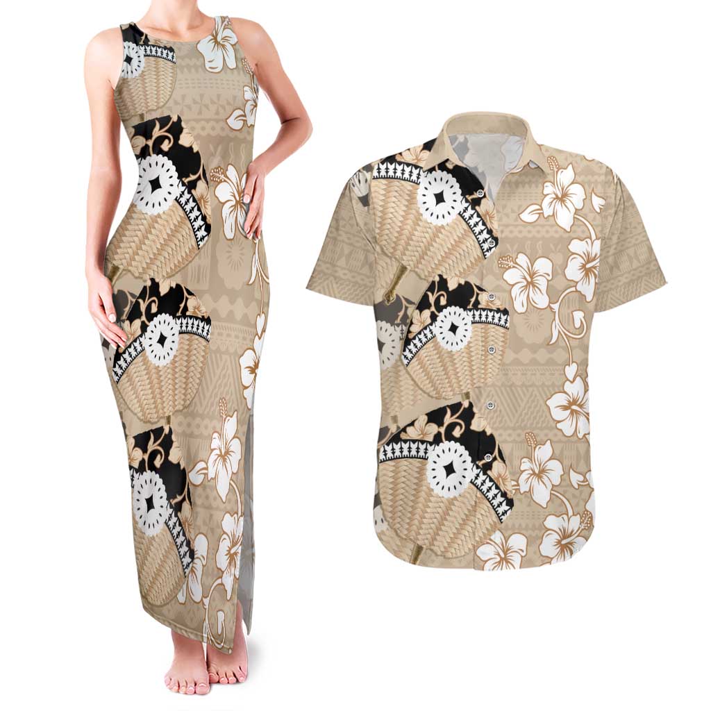Bula Fiji Iri Buli Couples Matching Tank Maxi Dress and Hawaiian Shirt Woven Fan With Fijian Tapa LT14 Beige - Polynesian Pride