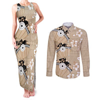 Bula Fiji Iri Buli Couples Matching Tank Maxi Dress and Long Sleeve Button Shirt Woven Fan With Fijian Tapa LT14 Beige - Polynesian Pride