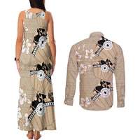 Bula Fiji Iri Buli Couples Matching Tank Maxi Dress and Long Sleeve Button Shirt Woven Fan With Fijian Tapa LT14 - Polynesian Pride