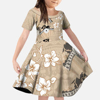 Bula Fiji Iri Buli Family Matching Long Sleeve Bodycon Dress and Hawaiian Shirt Woven Fan With Fijian Tapa LT14 Daughter's Dress Beige - Polynesian Pride