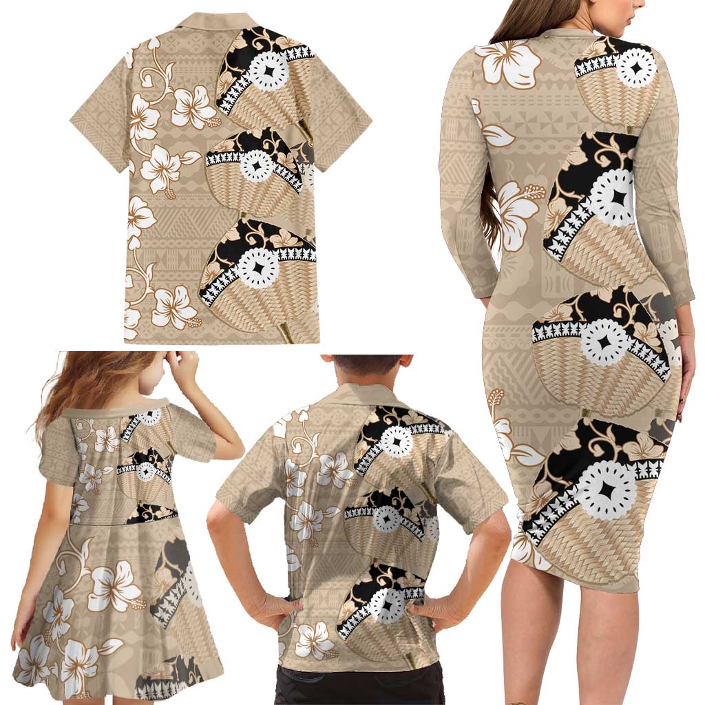 Bula Fiji Iri Buli Family Matching Long Sleeve Bodycon Dress and Hawaiian Shirt Woven Fan With Fijian Tapa LT14 - Polynesian Pride