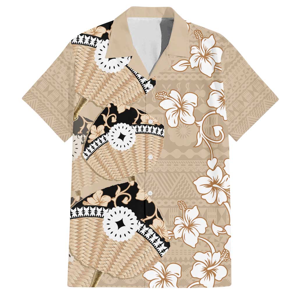 Bula Fiji Iri Buli Family Matching Long Sleeve Bodycon Dress and Hawaiian Shirt Woven Fan With Fijian Tapa LT14 Dad's Shirt - Short Sleeve Beige - Polynesian Pride