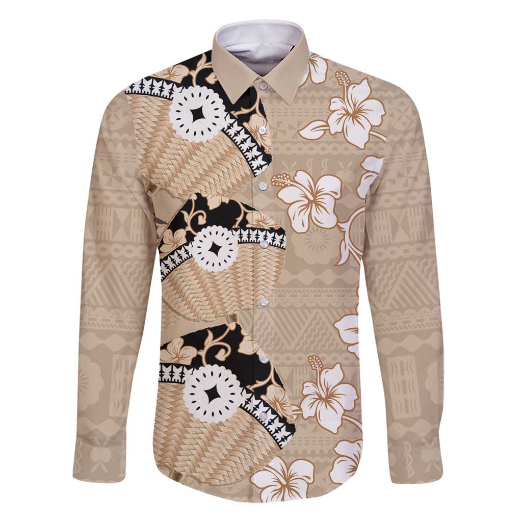Bula Fiji Iri Buli Family Matching Long Sleeve Bodycon Dress and Hawaiian Shirt Woven Fan With Fijian Tapa LT14 Dad's Shirt - Long Sleeve Beige - Polynesian Pride