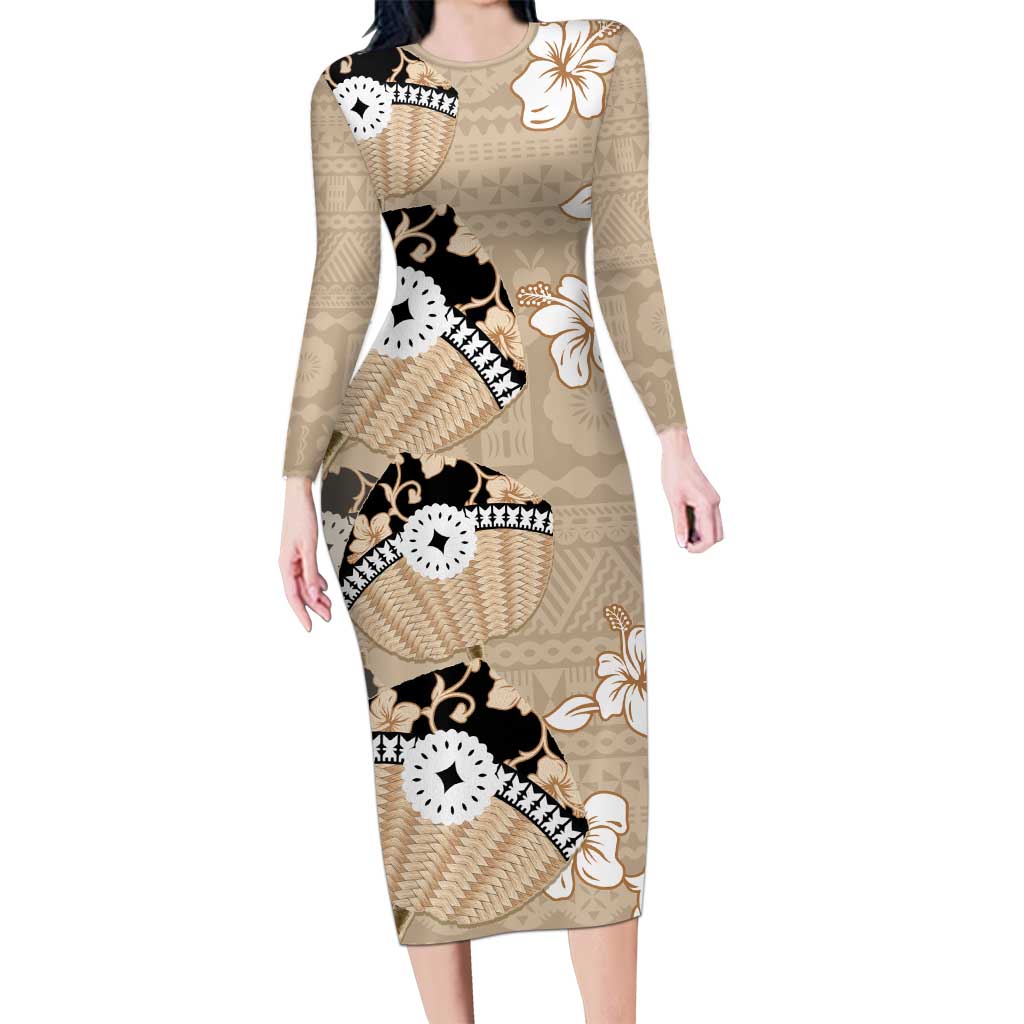 Bula Fiji Iri Buli Family Matching Long Sleeve Bodycon Dress and Hawaiian Shirt Woven Fan With Fijian Tapa LT14 Mom's Dress Beige - Polynesian Pride