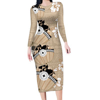 Bula Fiji Iri Buli Family Matching Long Sleeve Bodycon Dress and Hawaiian Shirt Woven Fan With Fijian Tapa LT14 Mom's Dress Beige - Polynesian Pride