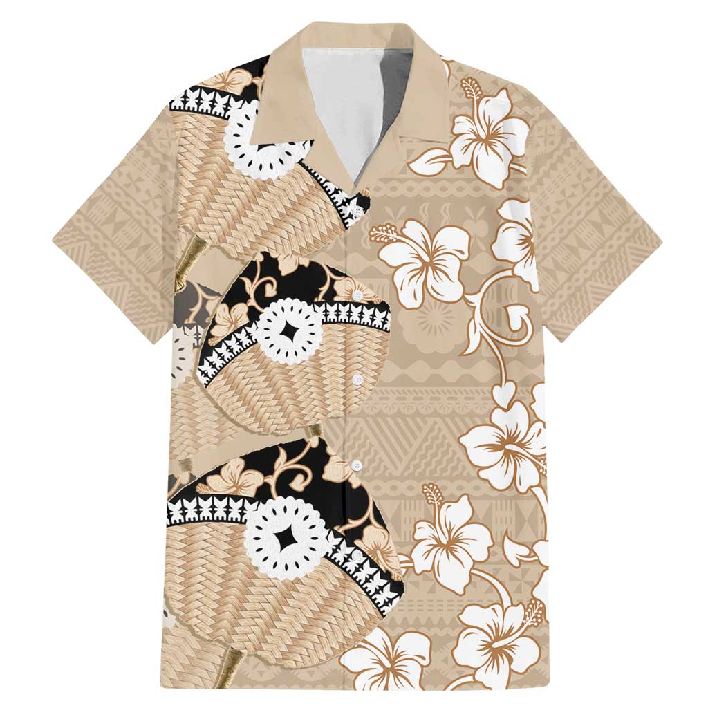 Bula Fiji Iri Buli Family Matching Mermaid Dress and Hawaiian Shirt Woven Fan With Fijian Tapa LT14 Dad's Shirt - Short Sleeve Beige - Polynesian Pride