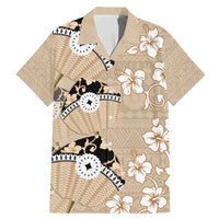 Bula Fiji Iri Buli Family Matching Mermaid Dress and Hawaiian Shirt Woven Fan With Fijian Tapa LT14 Dad's Shirt - Short Sleeve Beige - Polynesian Pride