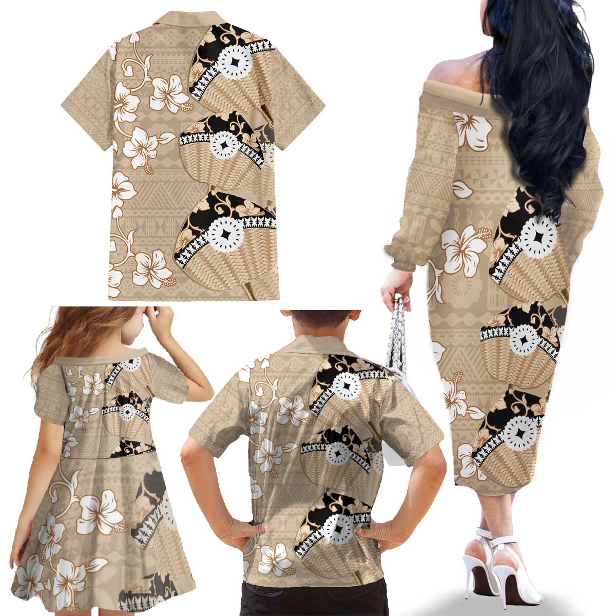 Bula Fiji Iri Buli Family Matching Off The Shoulder Long Sleeve Dress and Hawaiian Shirt Woven Fan With Fijian Tapa LT14 - Polynesian Pride